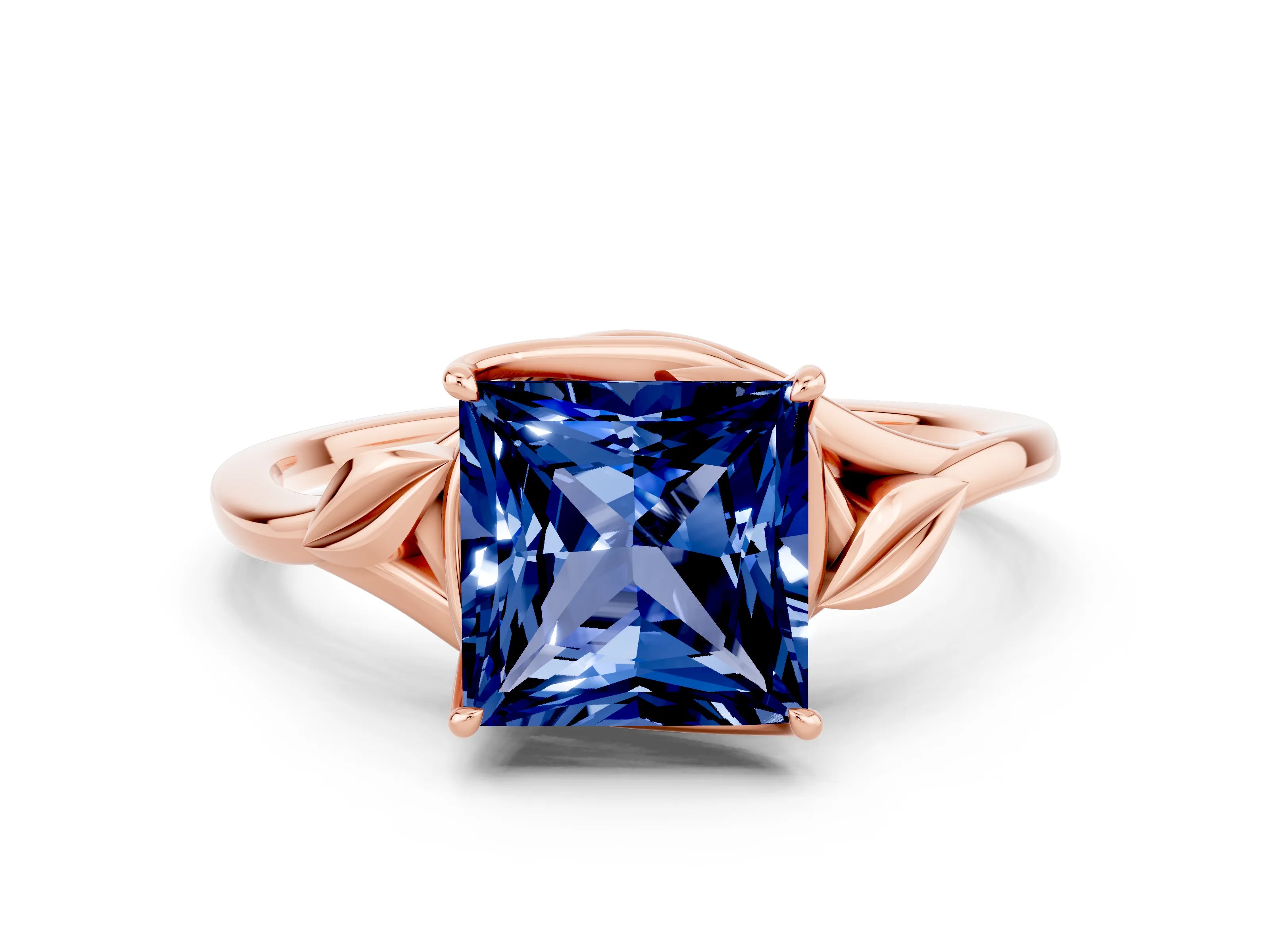 Rose gold Princess Cut Blue Sapphire Solitaire Ring with Twist Band and Four-Prong Setting_24