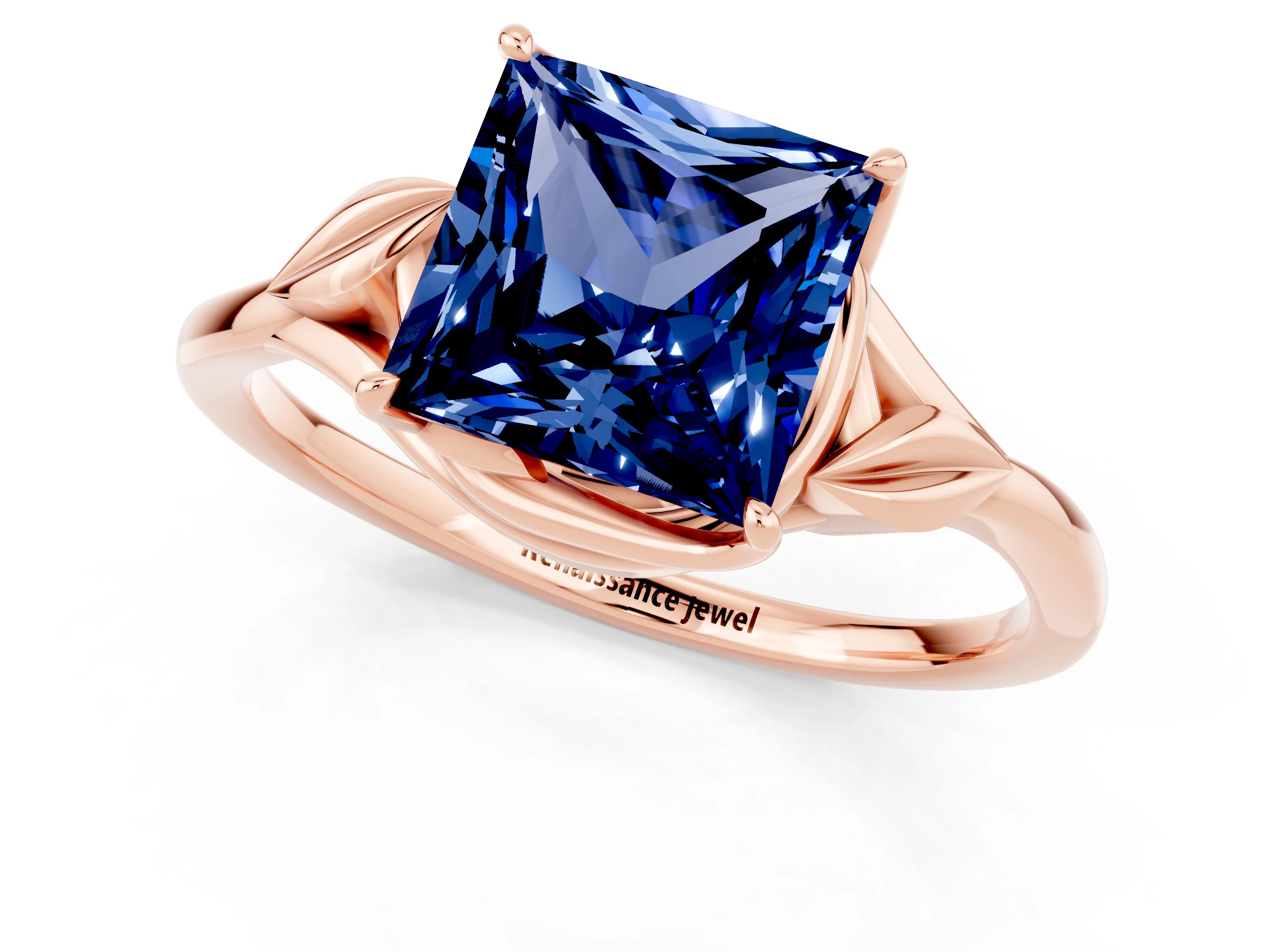 Rose gold Princess Cut Blue Sapphire Solitaire Ring with Twist Band and Four-Prong Setting_25