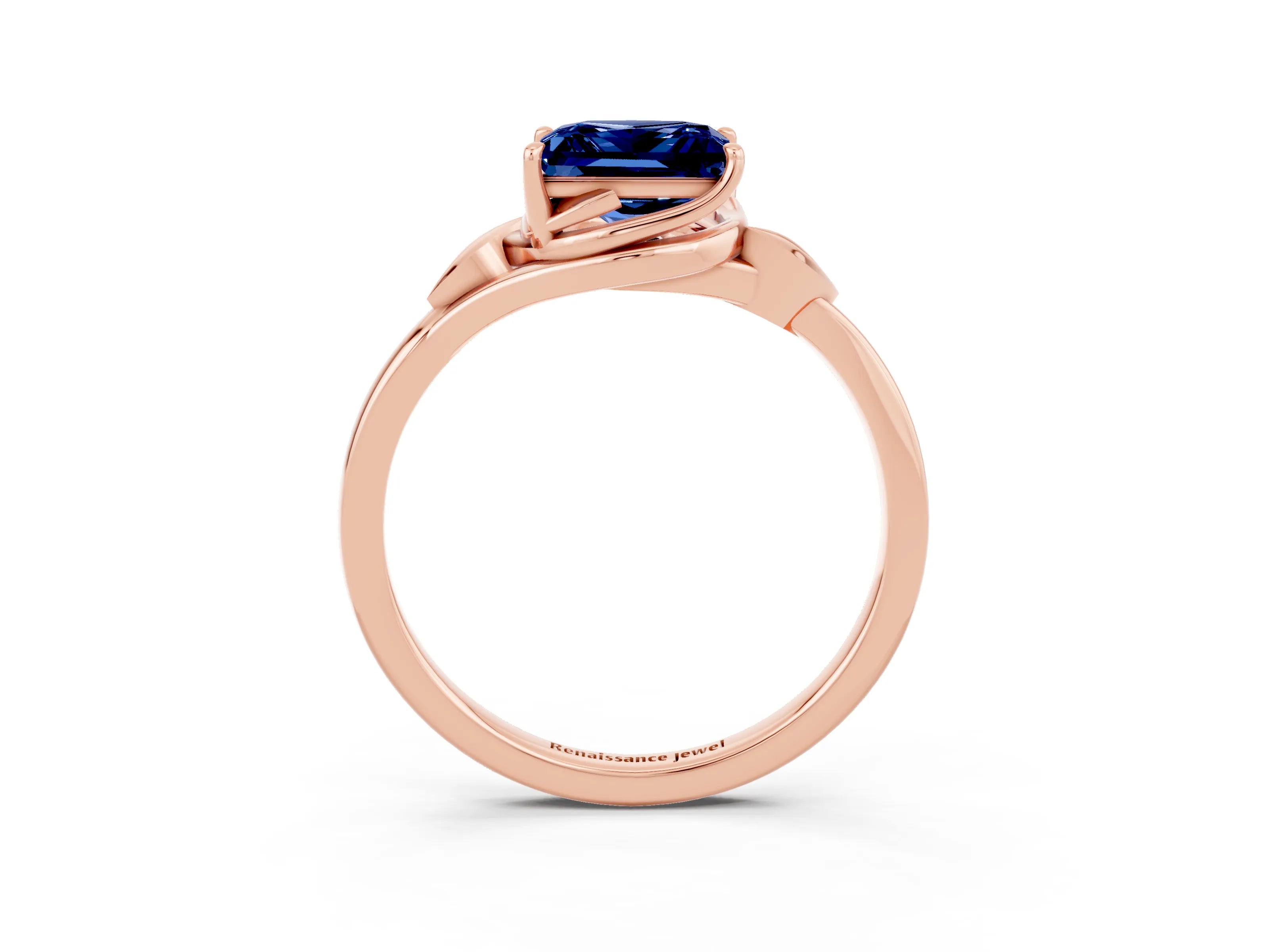 Rose gold Princess Cut Blue Sapphire Solitaire Ring with Twist Band and Four-Prong Setting_27