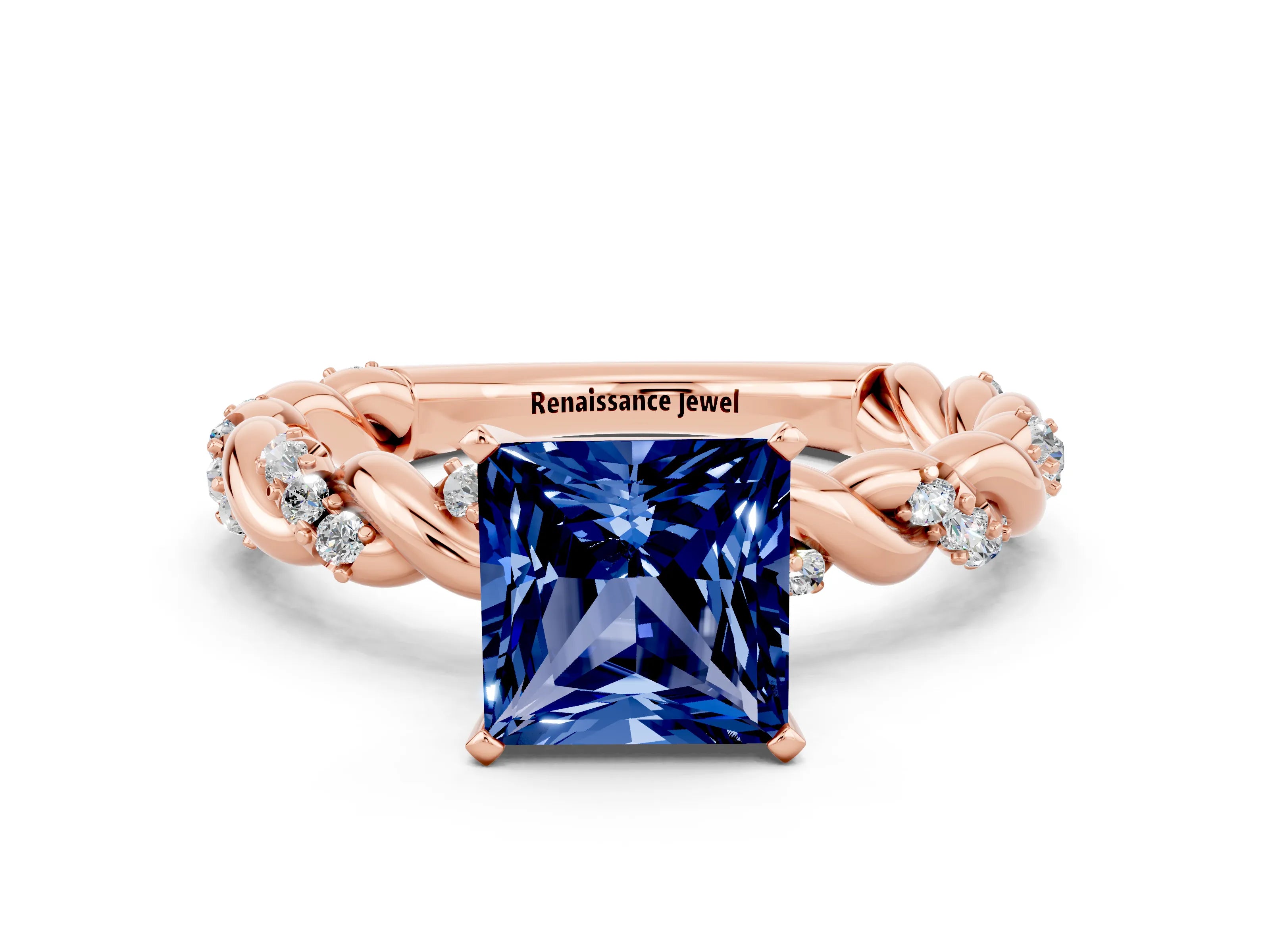 Rose gold Princess Cut Blue Sapphire Solitaire Ring with Twisted Band and Pavé Accents