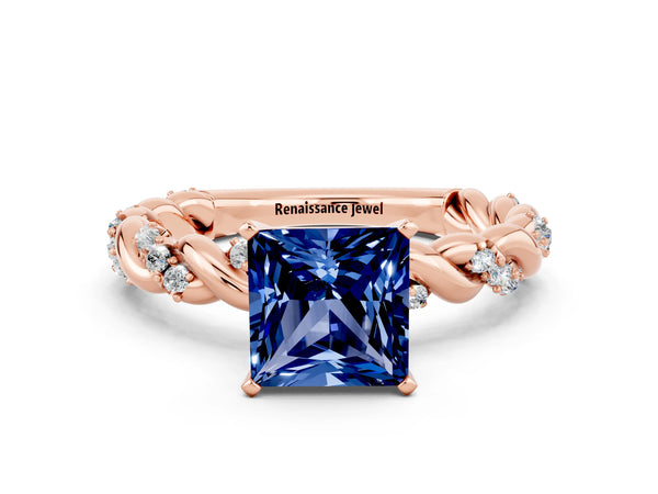 Rose gold Princess Cut Blue Sapphire Solitaire Ring with Twisted Band and Pavé Accents