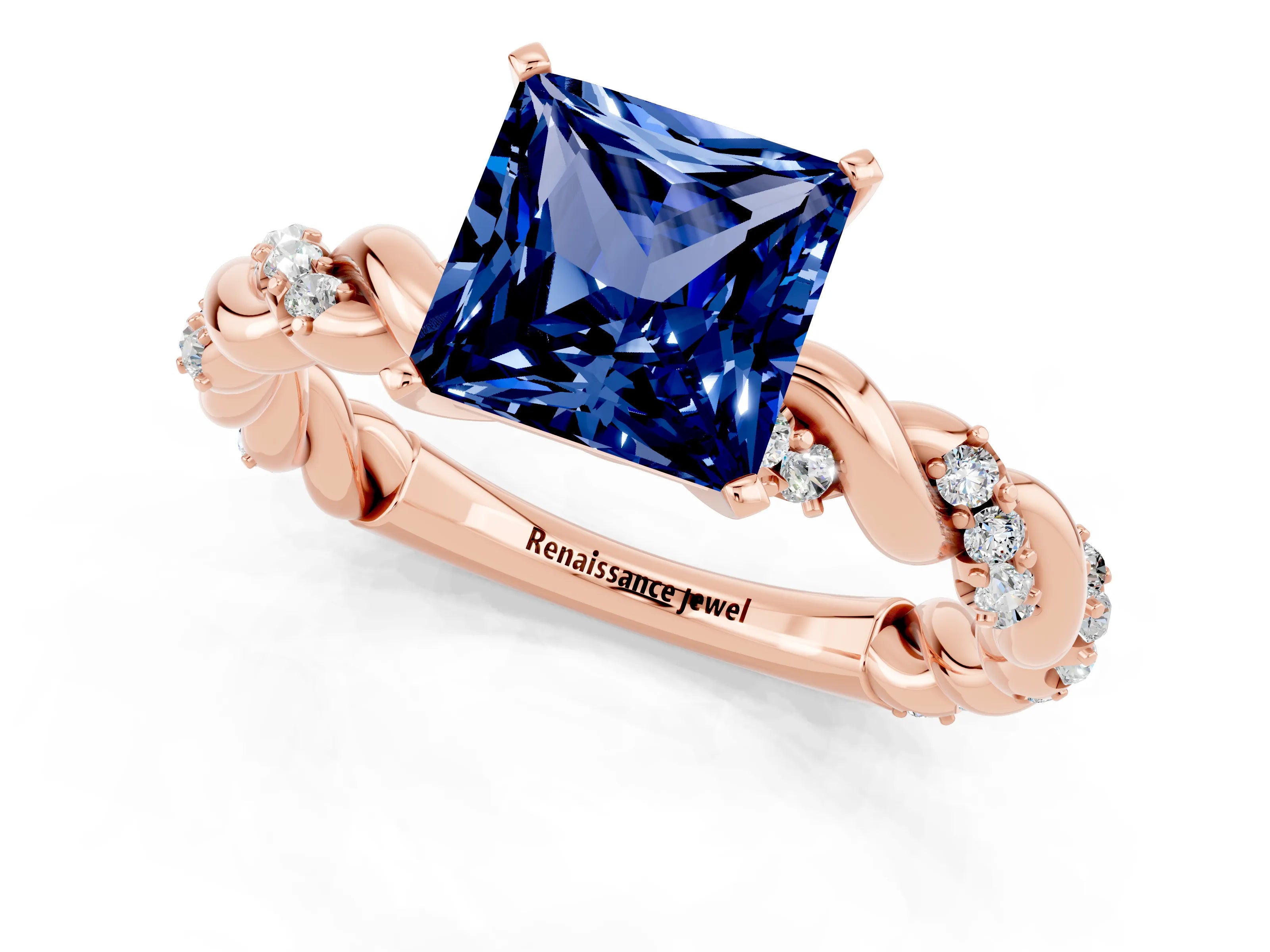 Rose gold Princess Cut Blue Sapphire Solitaire Ring with Twisted Band and Pavé Accents_1