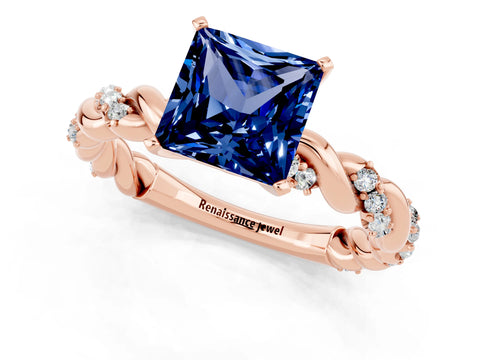 Rose gold Princess Cut Blue Sapphire Solitaire Ring with Twisted Band and Pavé Accents_1