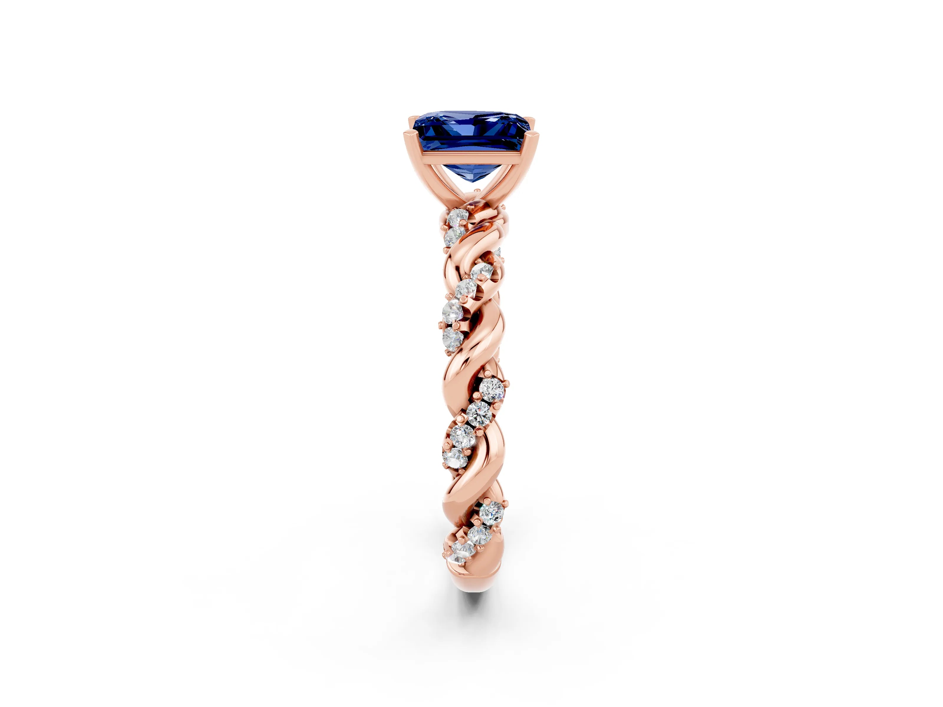 Rose gold Princess Cut Blue Sapphire Solitaire Ring with Twisted Band and Pavé Accents_2