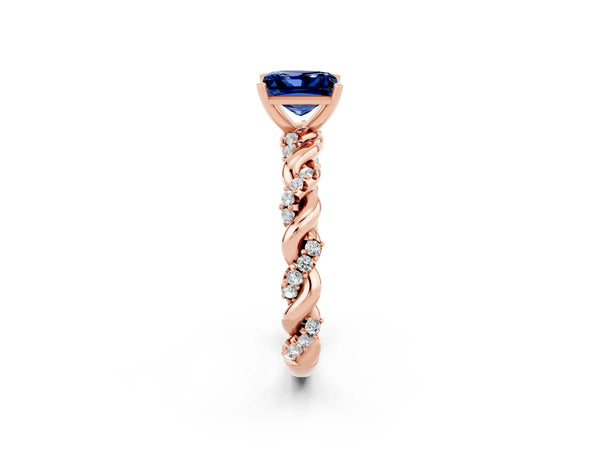 Rose gold Princess Cut Blue Sapphire Solitaire Ring with Twisted Band and Pavé Accents