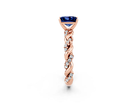 Rose gold Princess Cut Blue Sapphire Solitaire Ring with Twisted Band and Pavé Accents_2