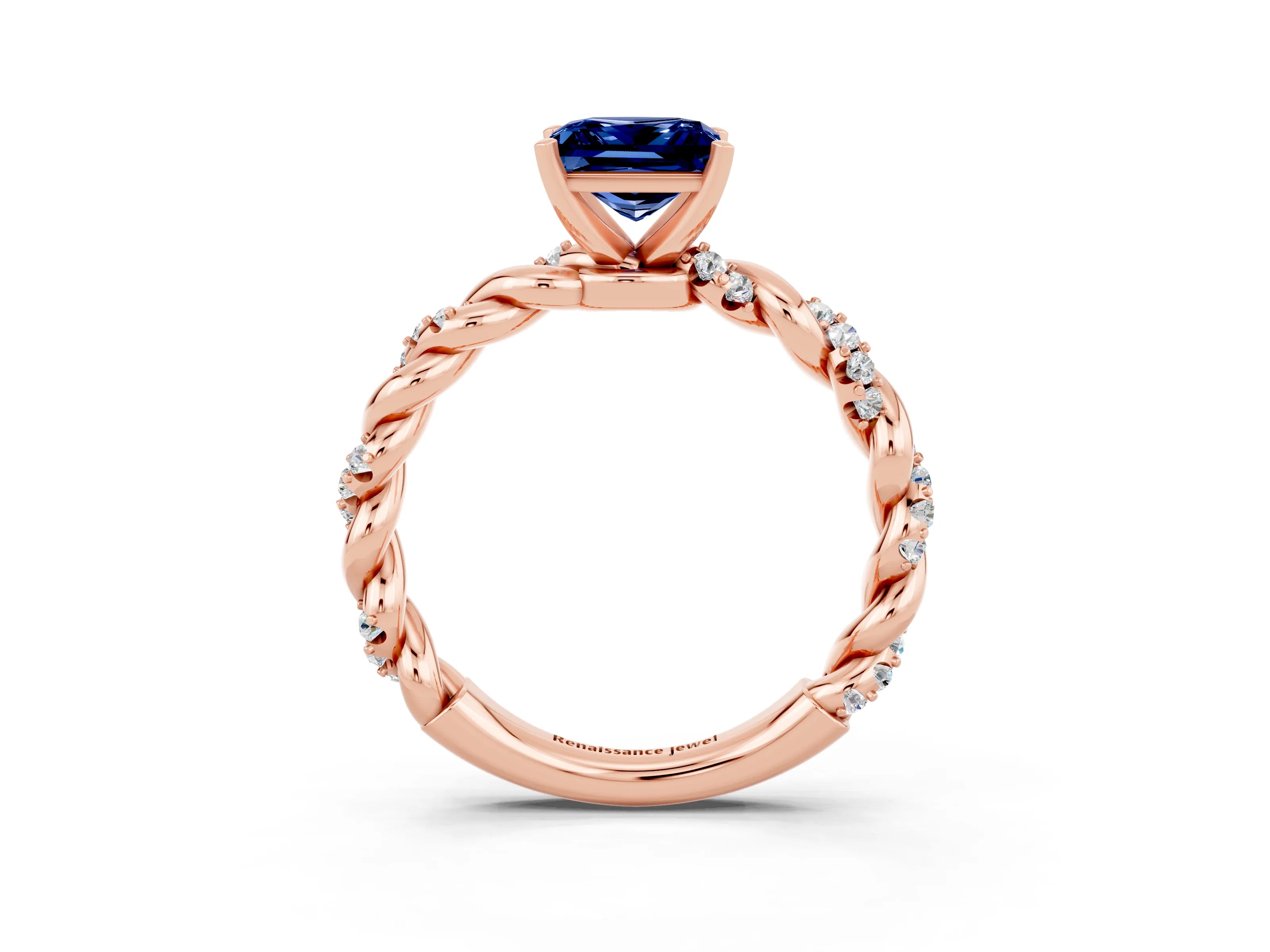 Rose gold Princess Cut Blue Sapphire Solitaire Ring with Twisted Band and Pavé Accents_3