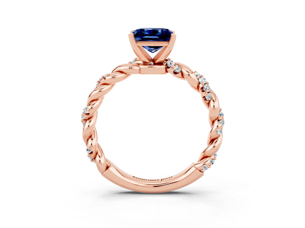 Rose gold Princess Cut Blue Sapphire Solitaire Ring with Twisted Band and Pavé Accents