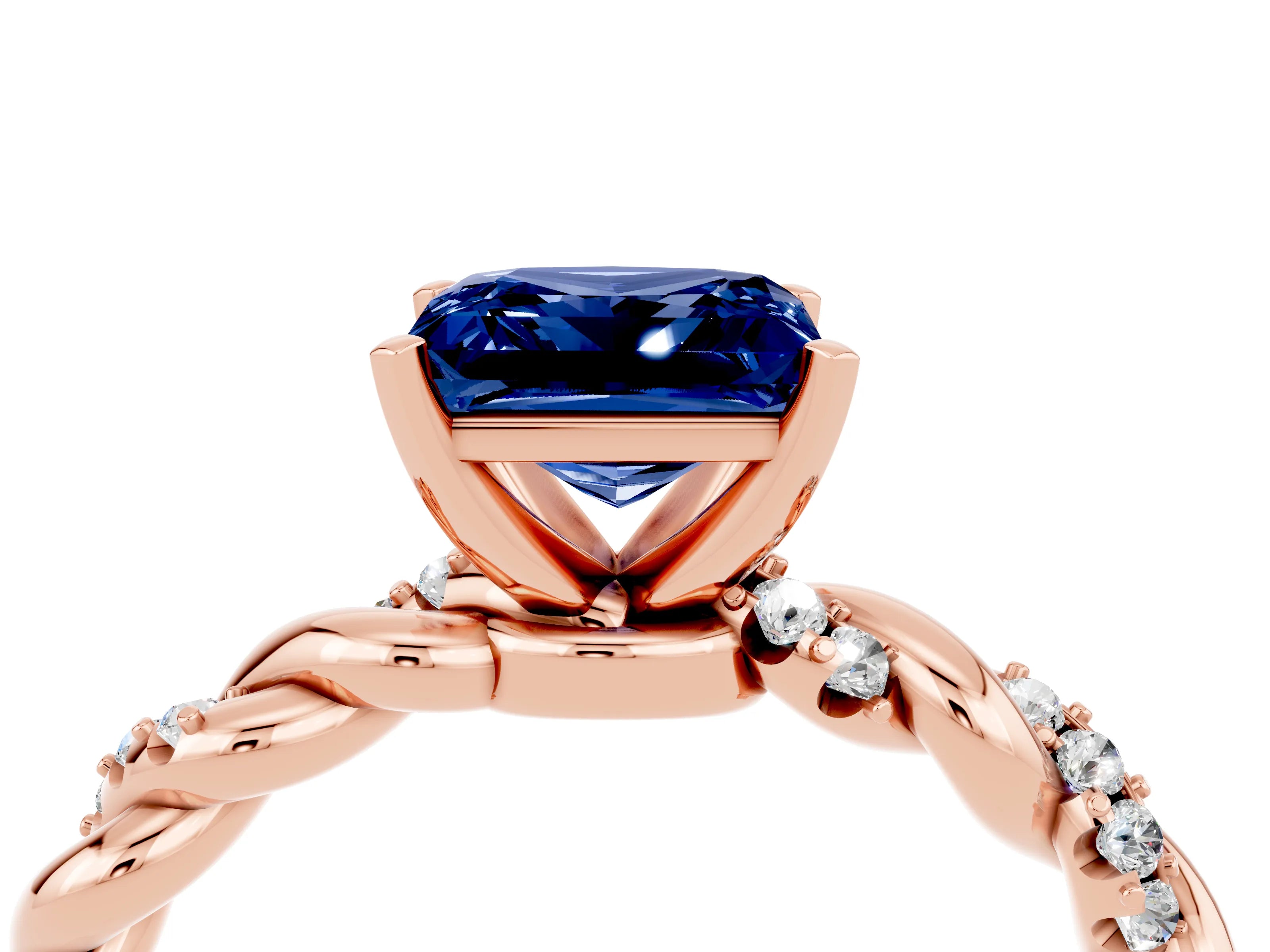 Rose gold Princess Cut Blue Sapphire Solitaire Ring with Twisted Band and Pavé Accents_4