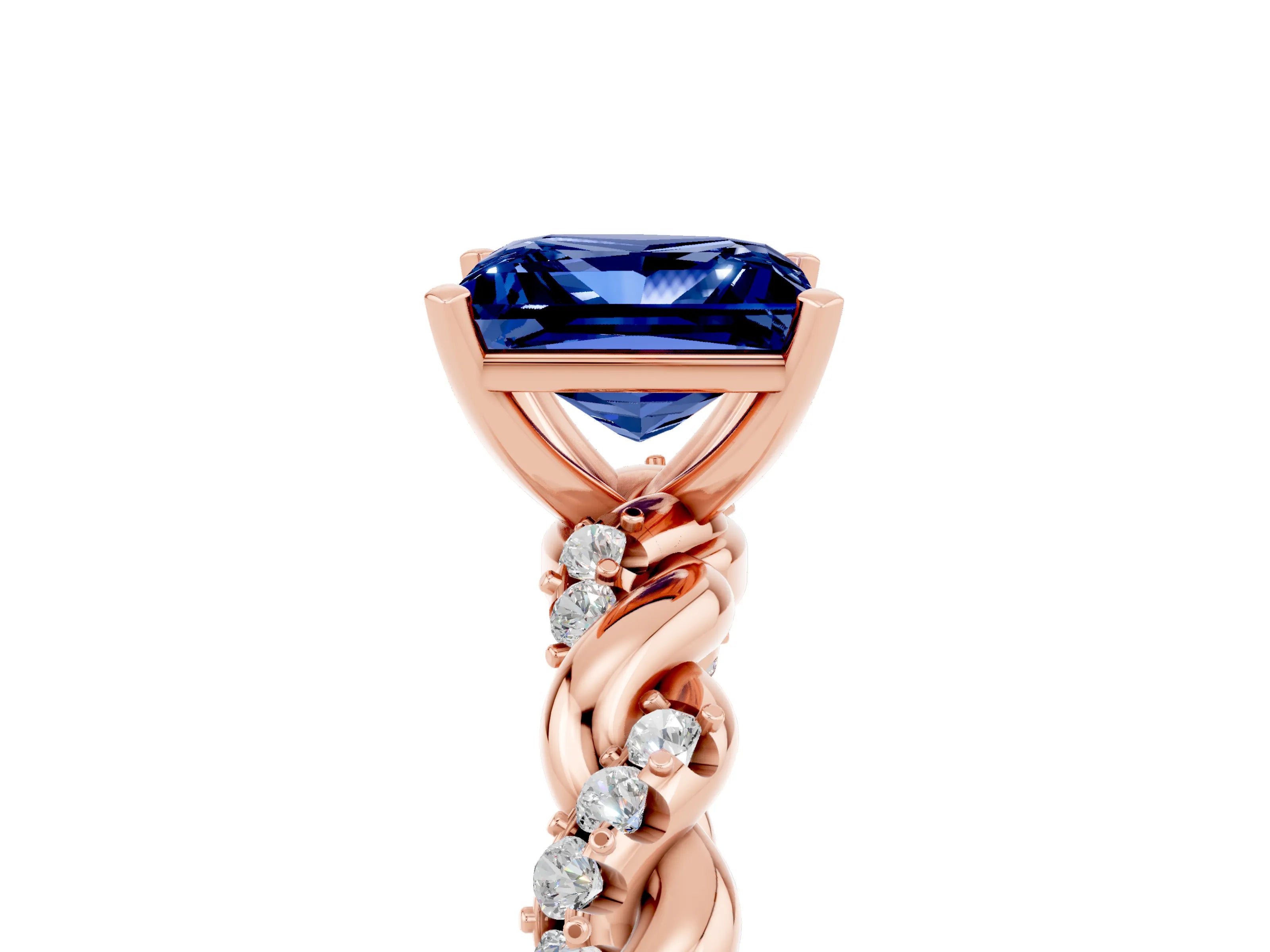 Rose gold Princess Cut Blue Sapphire Solitaire Ring with Twisted Band and Pavé Accents_5