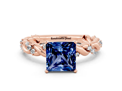 Rose gold Princess Cut Blue Sapphire Solitaire Ring with Twisted Band and Pavé Accents