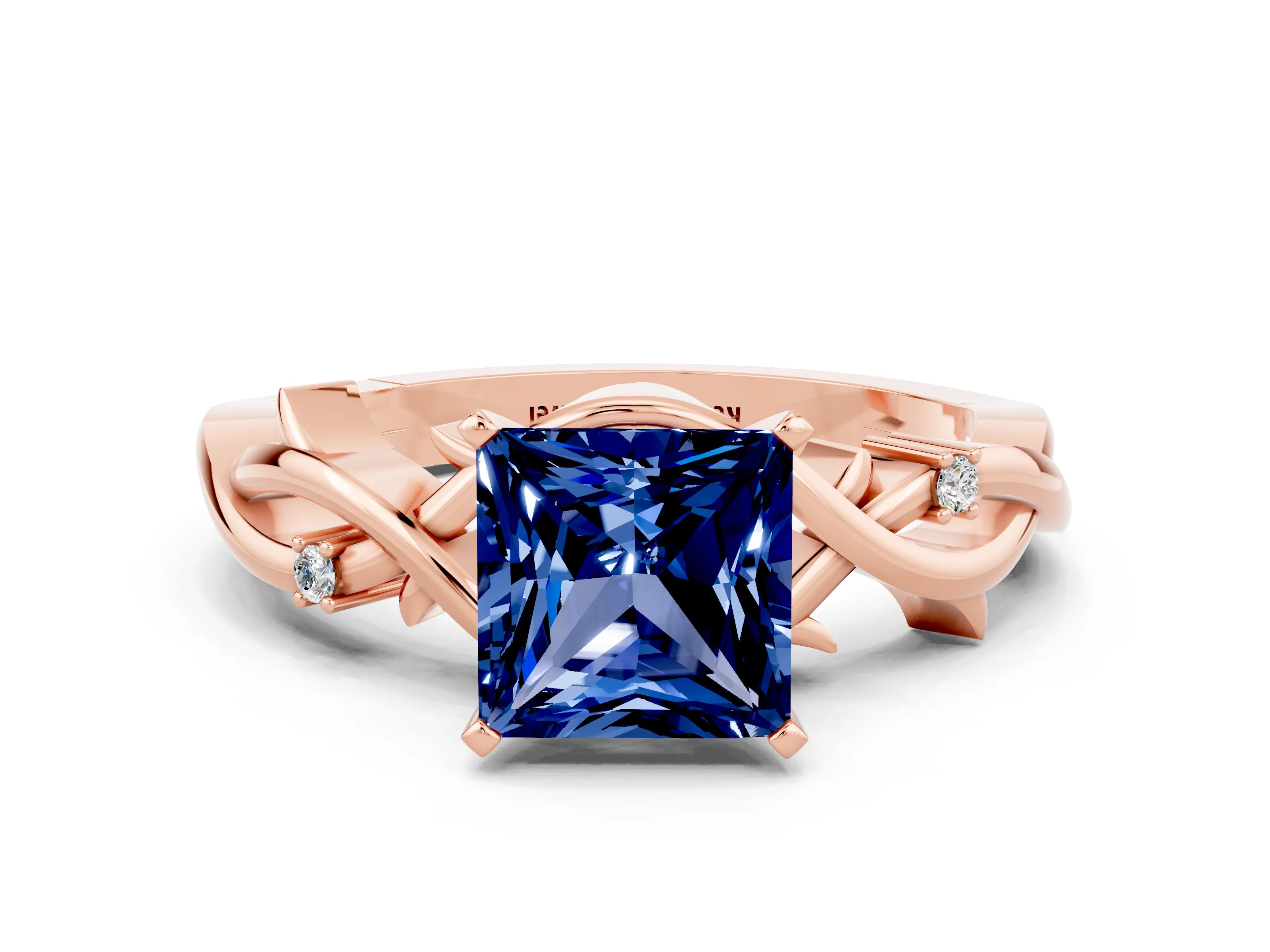 Rose gold Princess Cut Blue Sapphire Solitaire Ring with Twisted Band and Prong Setting