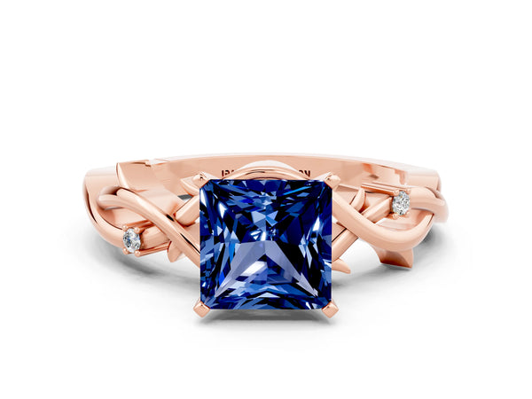 Rose gold Princess Cut Blue Sapphire Solitaire Ring with Twisted Band and Prong Setting