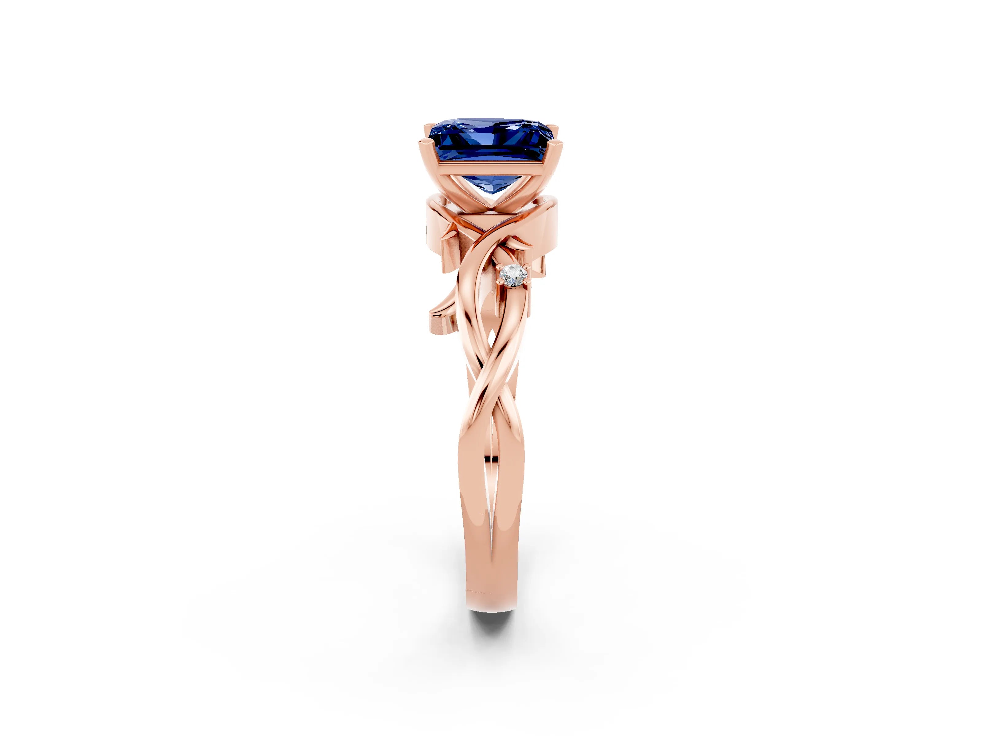 Rose gold Princess Cut Blue Sapphire Solitaire Ring with Twisted Band and Prong Setting_2