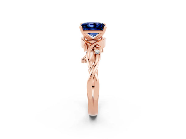 Rose gold Princess Cut Blue Sapphire Solitaire Ring with Twisted Band and Prong Setting