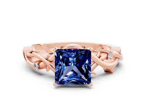 Rose gold Princess Cut Blue Sapphire Solitaire Ring with Twisted Band and Prong Setting
