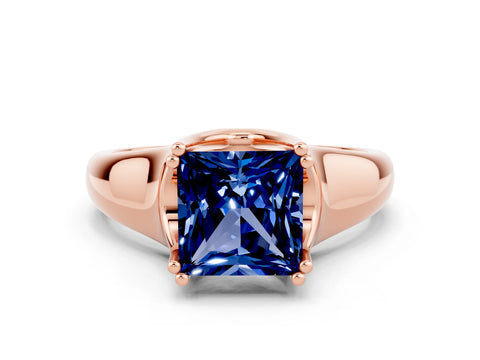 Rose gold Princess Cut Blue Sapphire Solitaire Ring with Wide Band and Prong Setting