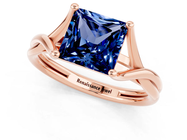 Rose gold Princess Cut Blue Sapphire Solitaire Twist Band Prong Setting Ring