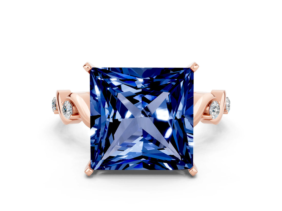 Rose gold Princess Cut Blue Sapphire Solitaire Twisted Band with Round  Accents and Prong Setting_12