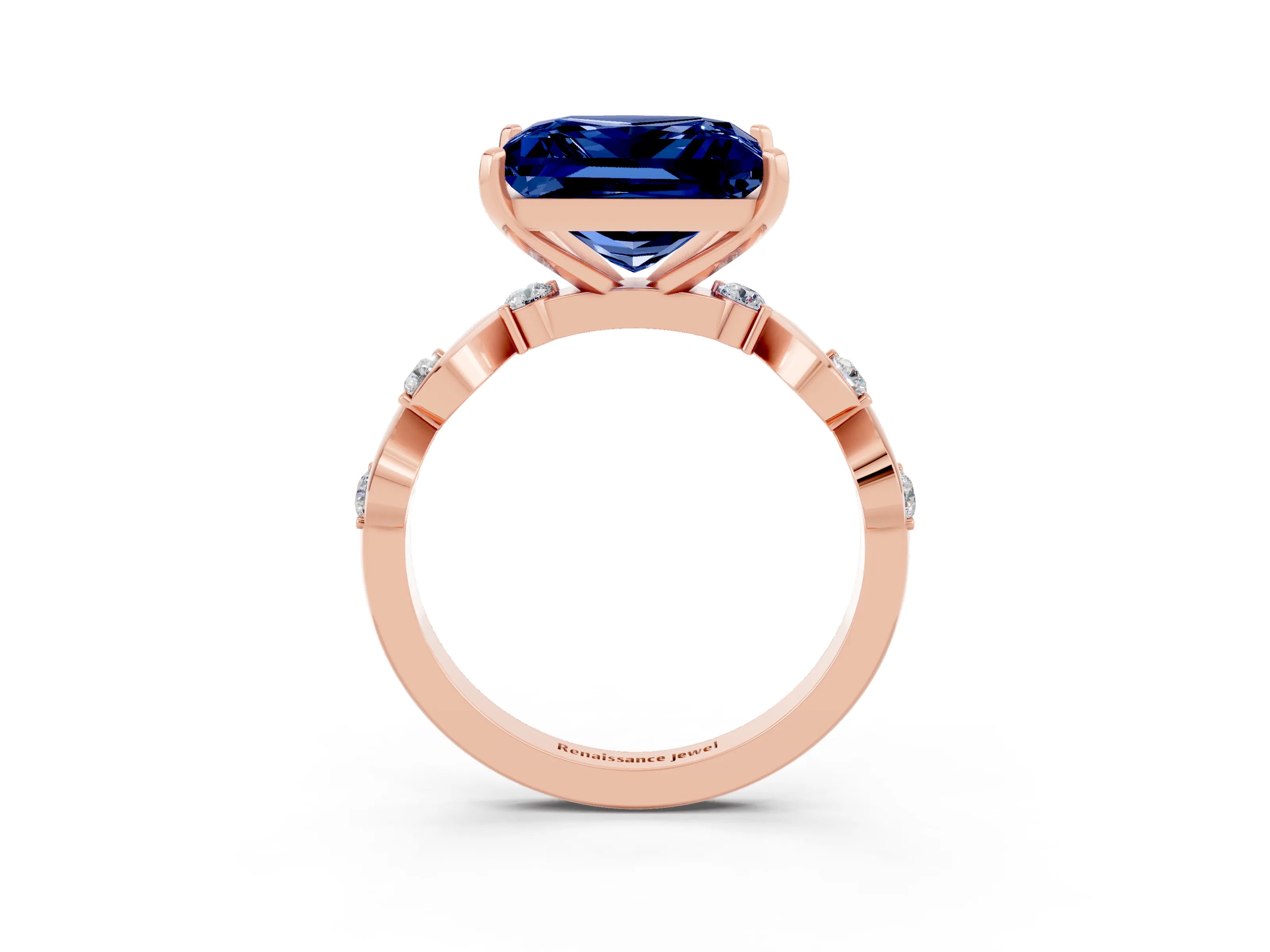 Rose gold Princess Cut Blue Sapphire Solitaire Twisted Band with Round  Accents and Prong Setting_15