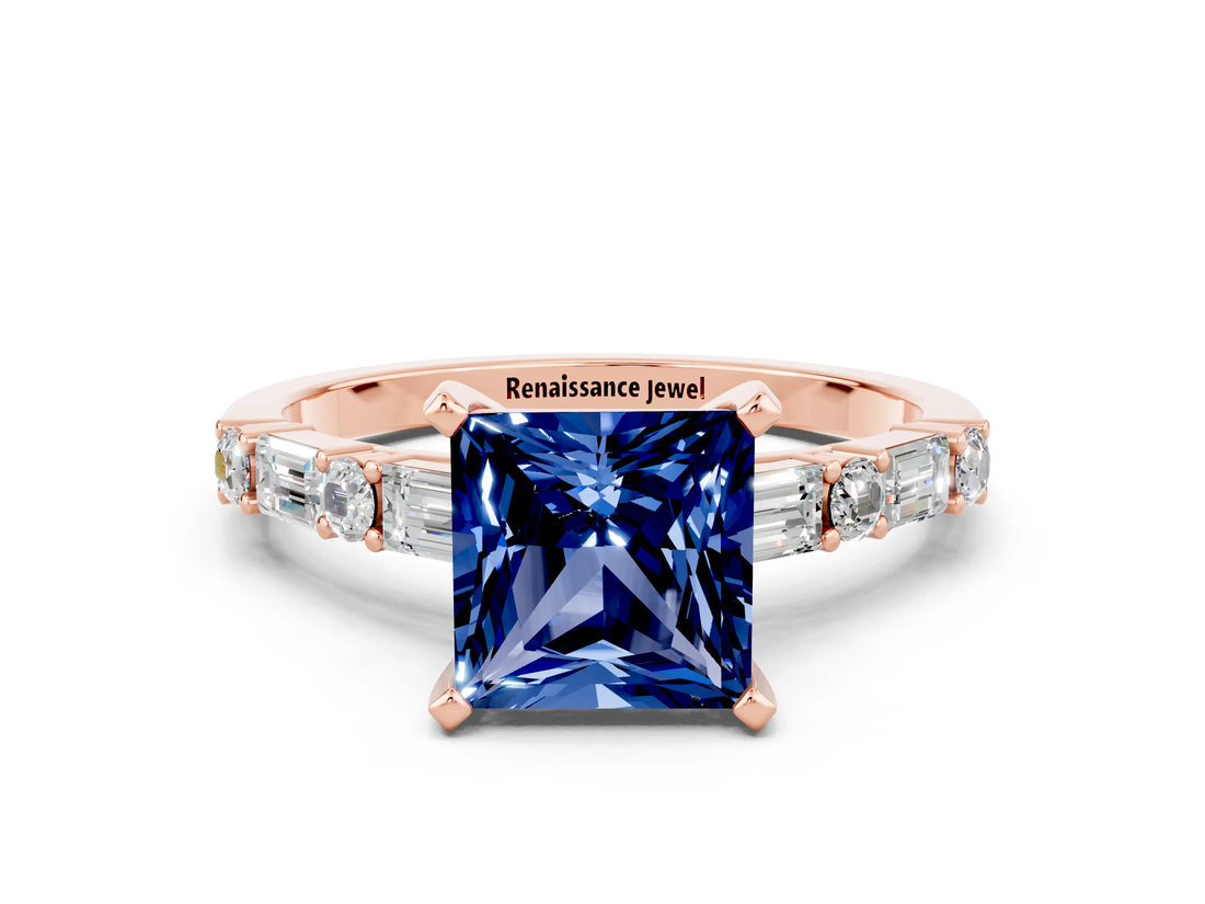 Rose gold Princess Cut Blue Sapphire Solitaire with Side Baguettes and Channel Set Band