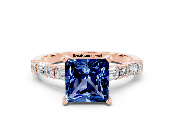 Rose gold Princess Cut Blue Sapphire Solitaire with Side Baguettes and Channel Set Band