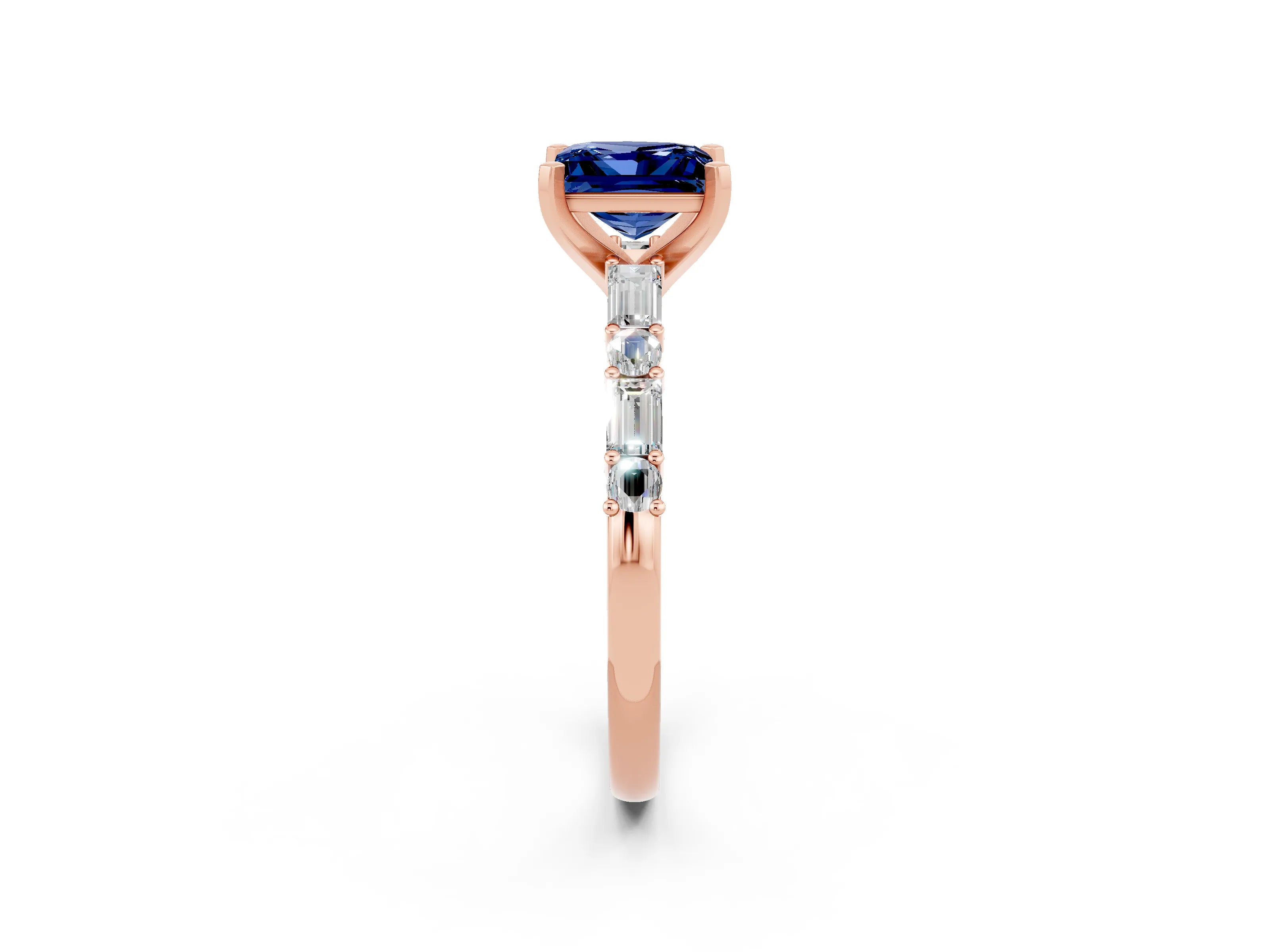 Rose gold Princess Cut Blue Sapphire Solitaire with Side Baguettes and Channel Set Band_2
