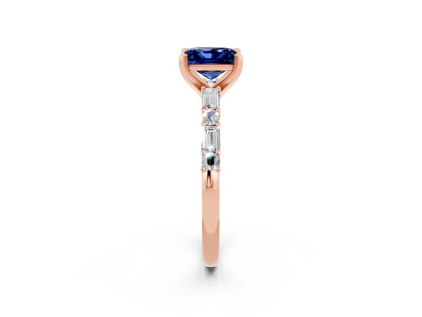 Rose gold Princess Cut Blue Sapphire Solitaire with Side Baguettes and Channel Set Band