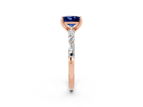 Rose gold Princess Cut Blue Sapphire Solitaire with Side Baguettes and Channel Set Band_2