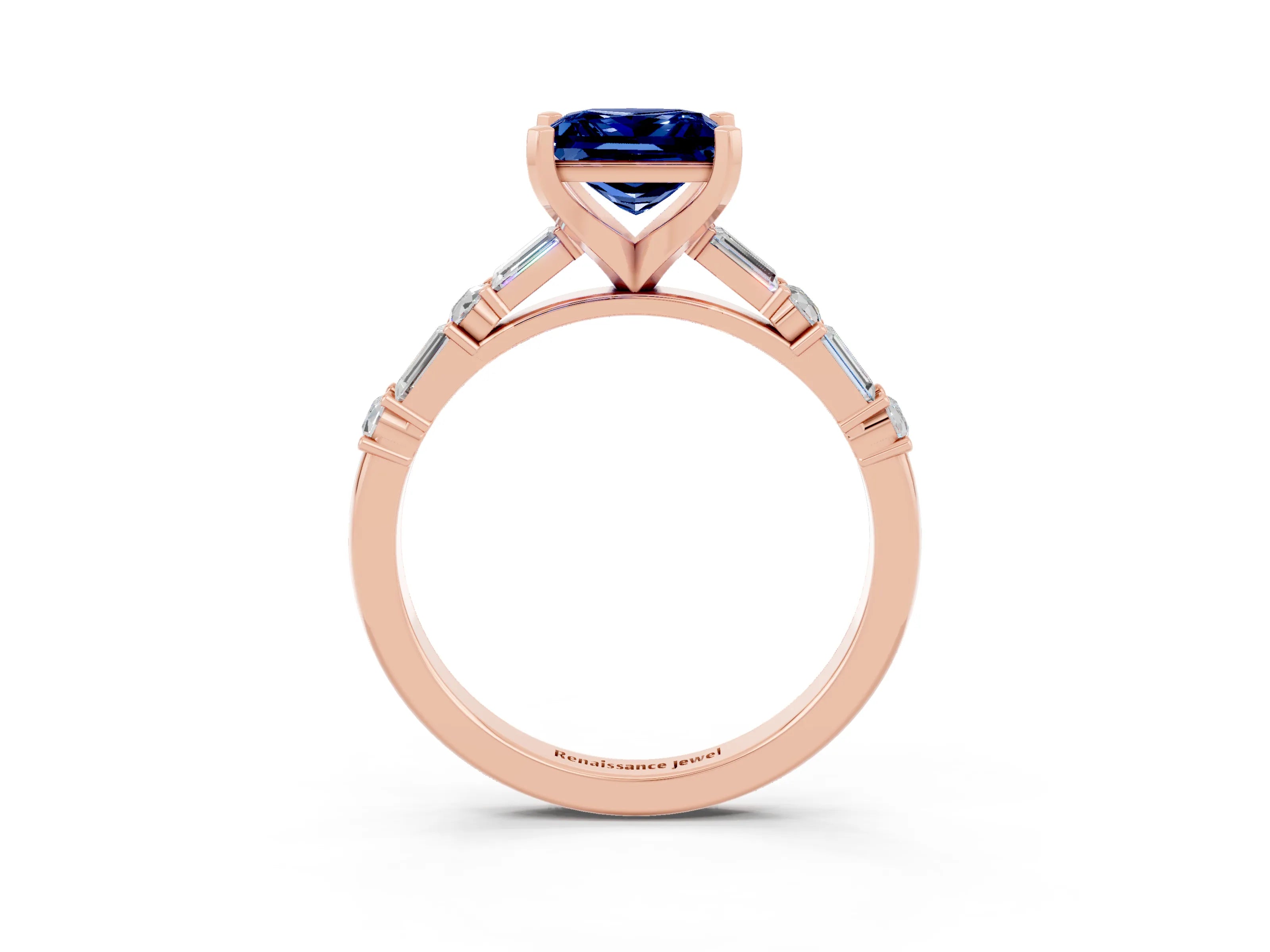 Rose gold Princess Cut Blue Sapphire Solitaire with Side Baguettes and Channel Set Band_3