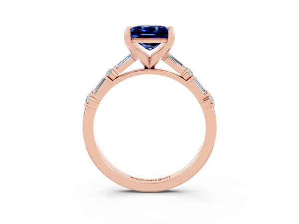 Rose gold Princess Cut Blue Sapphire Solitaire with Side Baguettes and Channel Set Band