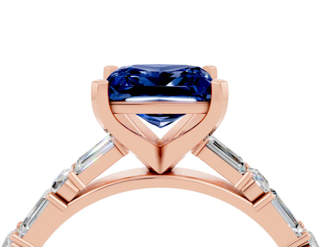 Rose gold Princess Cut Blue Sapphire Solitaire with Side Baguettes and Channel Set Band_4