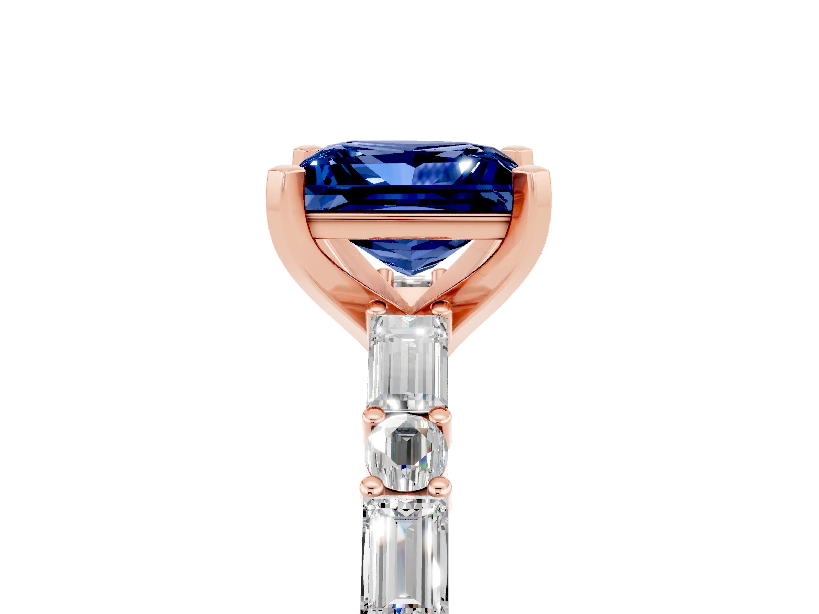 Rose gold Princess Cut Blue Sapphire Solitaire with Side Baguettes and Channel Set Band_5
