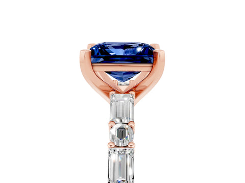 Rose gold Princess Cut Blue Sapphire Solitaire with Side Baguettes and Channel Set Band_5