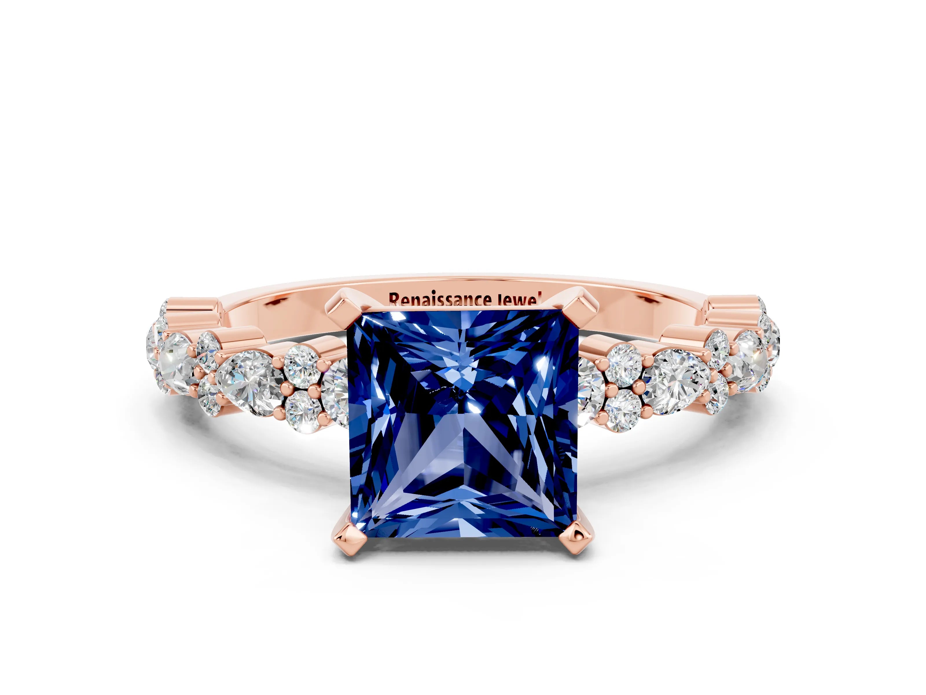 Rose gold Princess Cut Blue Sapphire Solitaire with Side Stones, Pave Band, Four-Prong Setting_36