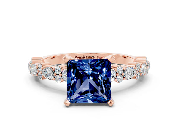 Rose gold Princess Cut Blue Sapphire Side Stone Solitaire Ring with Round  and Four-Prong Setting