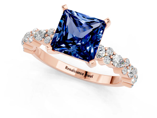 Rose gold Princess Cut Blue Sapphire Side Stone Solitaire Ring with Round  and Four-Prong Setting