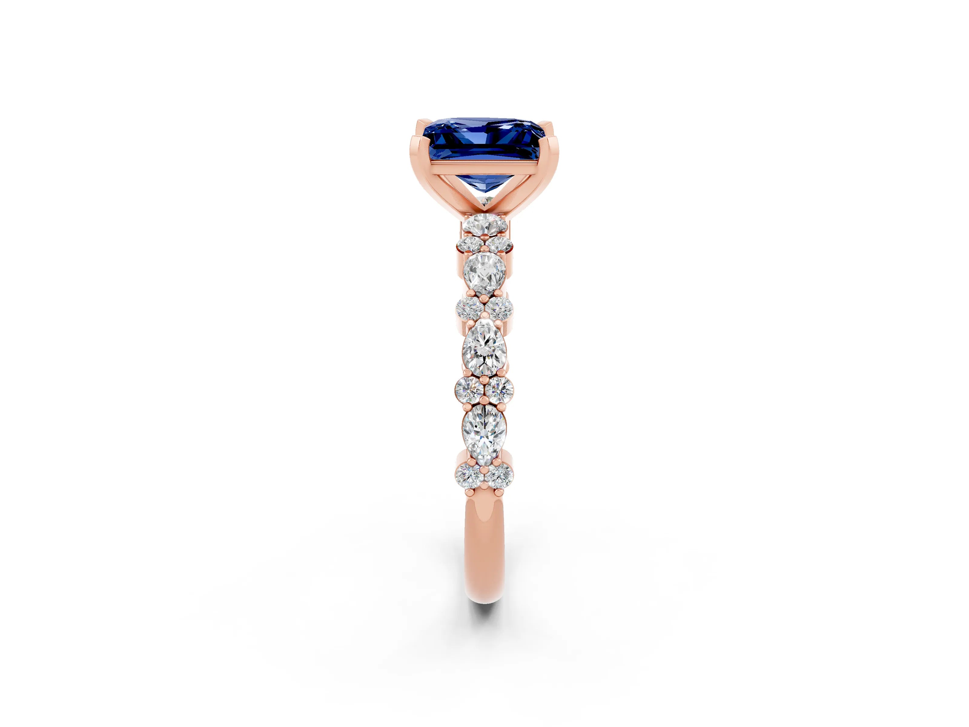 Rose gold Princess Cut Blue Sapphire Solitaire with Side Stones, Pave Band, Four-Prong Setting_38