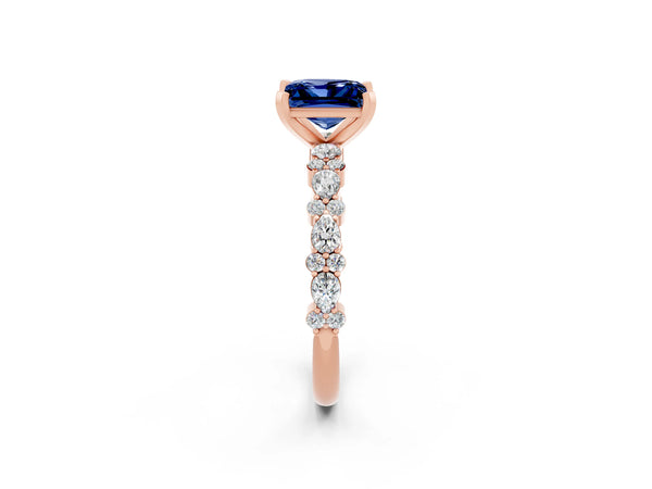 Rose gold Princess Cut Blue Sapphire Side Stone Solitaire Ring with Round  and Four-Prong Setting