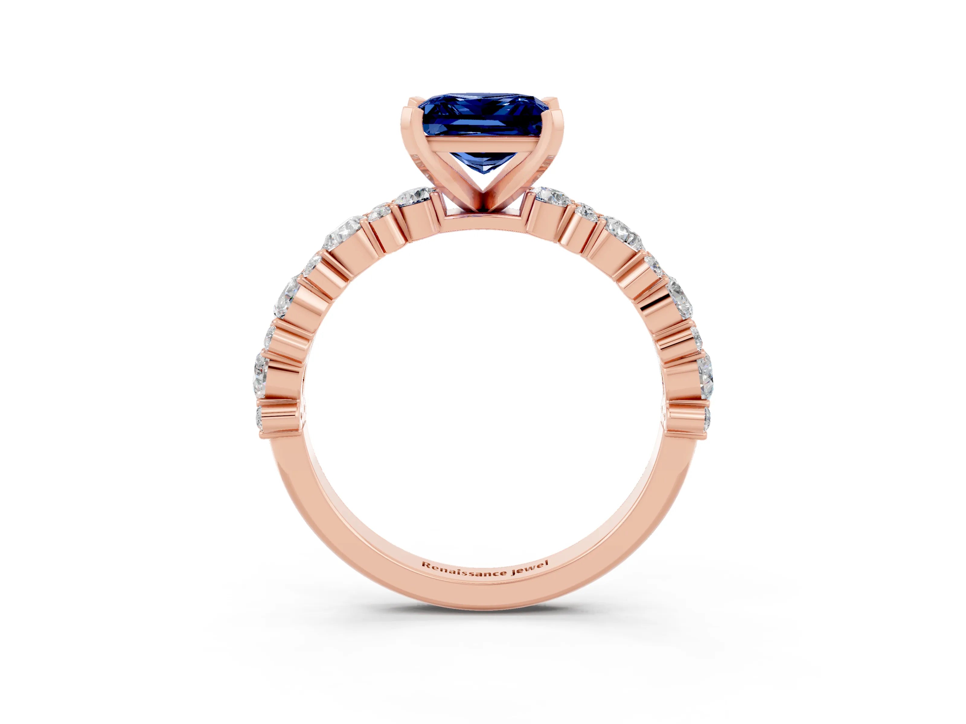 Rose gold Princess Cut Blue Sapphire Solitaire with Side Stones, Pave Band, Four-Prong Setting_39