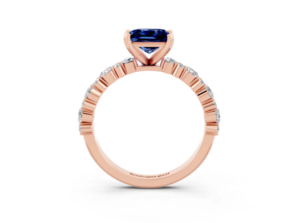 Rose gold Princess Cut Blue Sapphire Side Stone Solitaire Ring with Round  and Four-Prong Setting