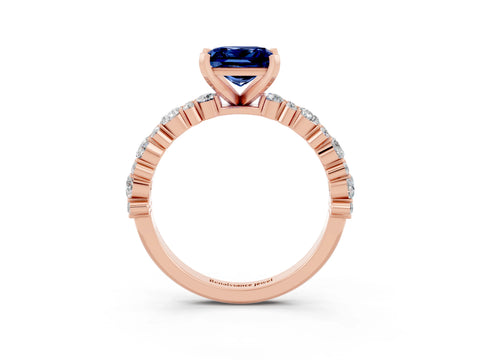 Rose gold Princess Cut Blue Sapphire Solitaire with Side Stones, Pave Band, Four-Prong Setting_39