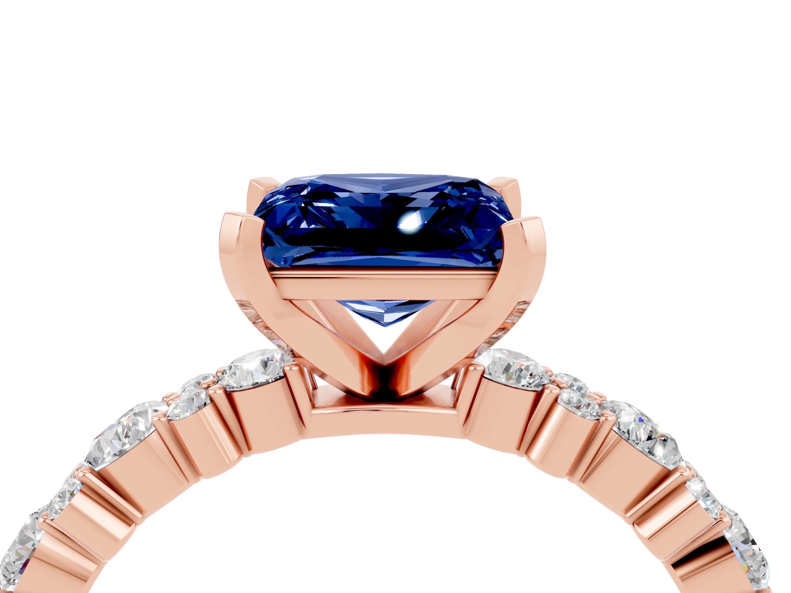 Rose gold Princess Cut Blue Sapphire Solitaire with Side Stones, Pave Band, Four-Prong Setting_40