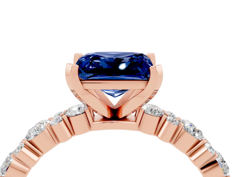 Rose gold Princess Cut Blue Sapphire Solitaire with Side Stones, Pave Band, Four-Prong Setting_40