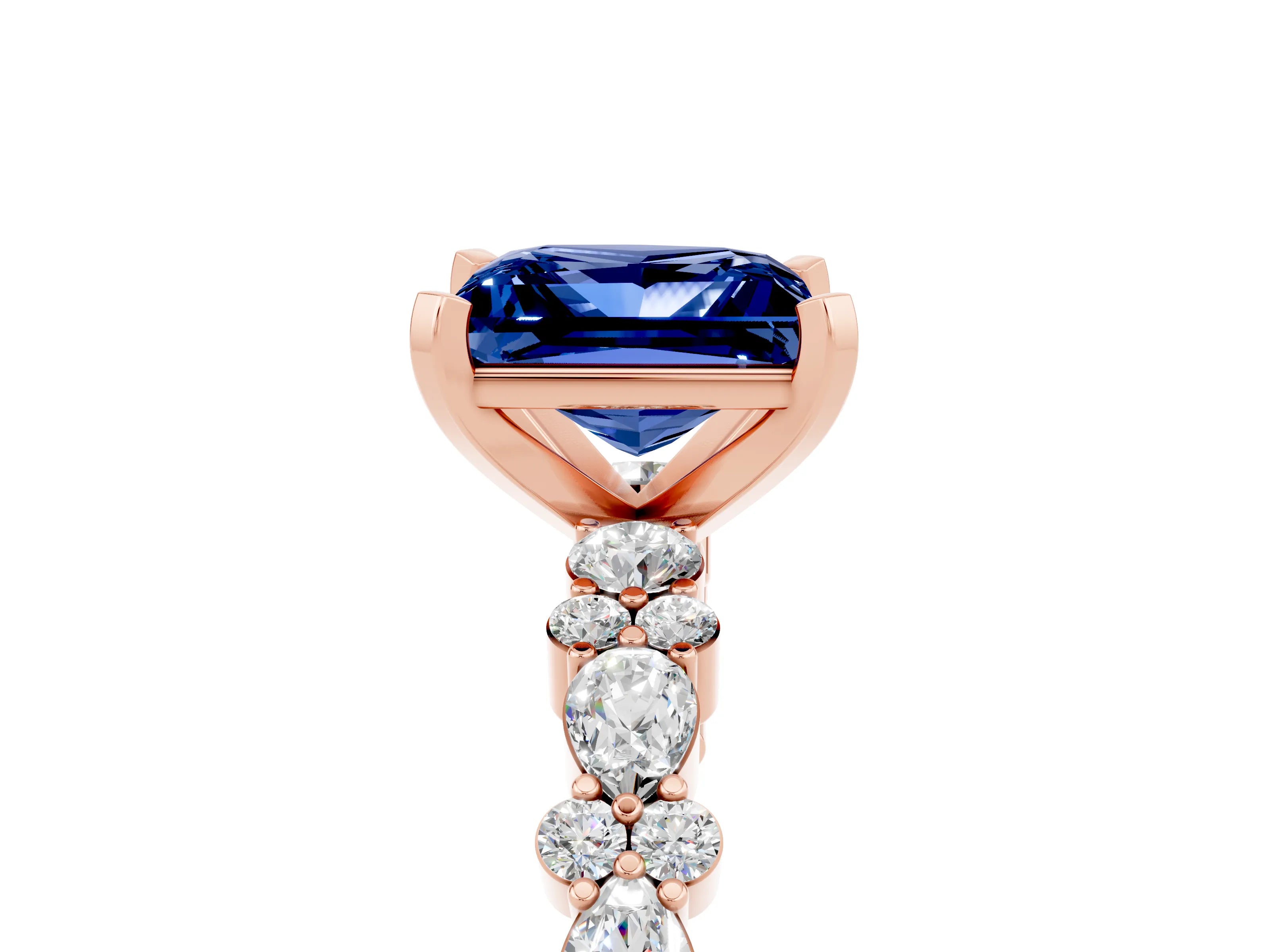 Rose gold Princess Cut Blue Sapphire Solitaire with Side Stones, Pave Band, Four-Prong Setting_41