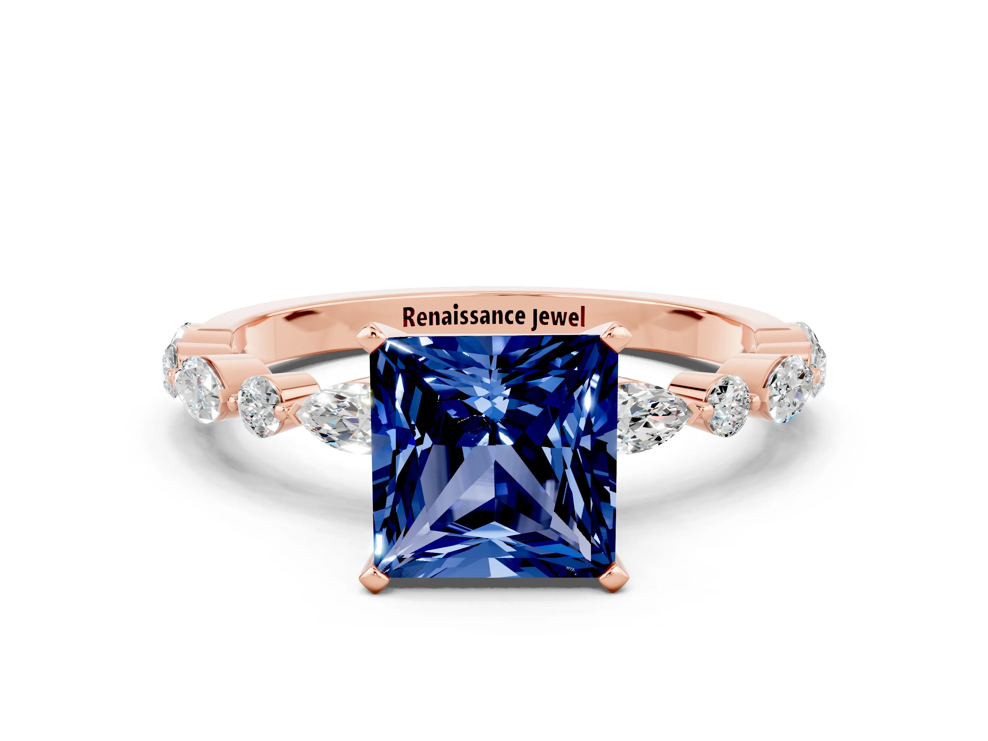 Rose gold Princess Cut Blue Sapphire Solitaire with Side Stones on a Pavé Band and Four-Prong Setting