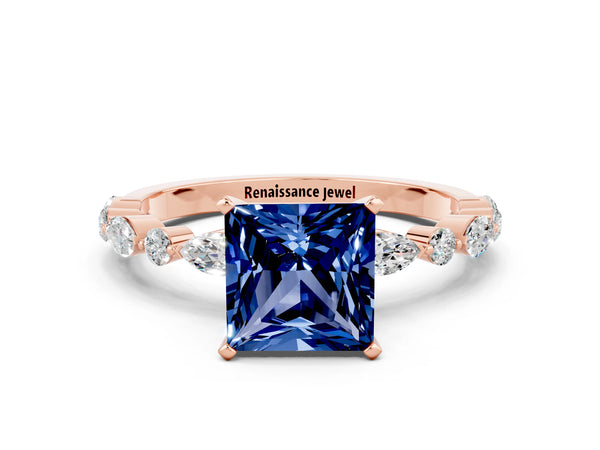 Rose gold Princess Cut Blue Sapphire Ring with Marquise and Round  Side Stones and Four-Prong Setting
