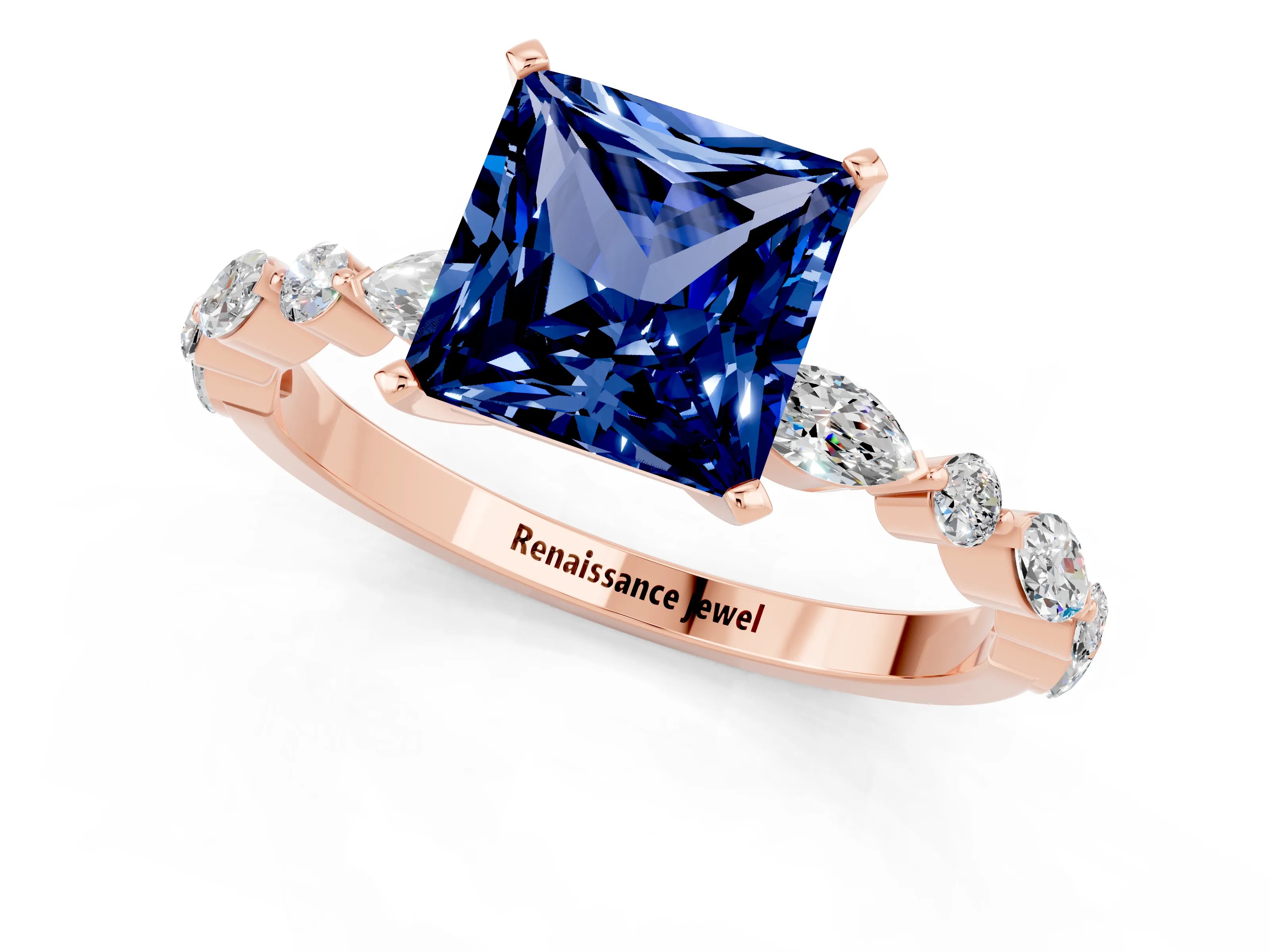 Rose gold Princess Cut Blue Sapphire Solitaire with Side Stones on a Pavé Band and Four-Prong Setting_1