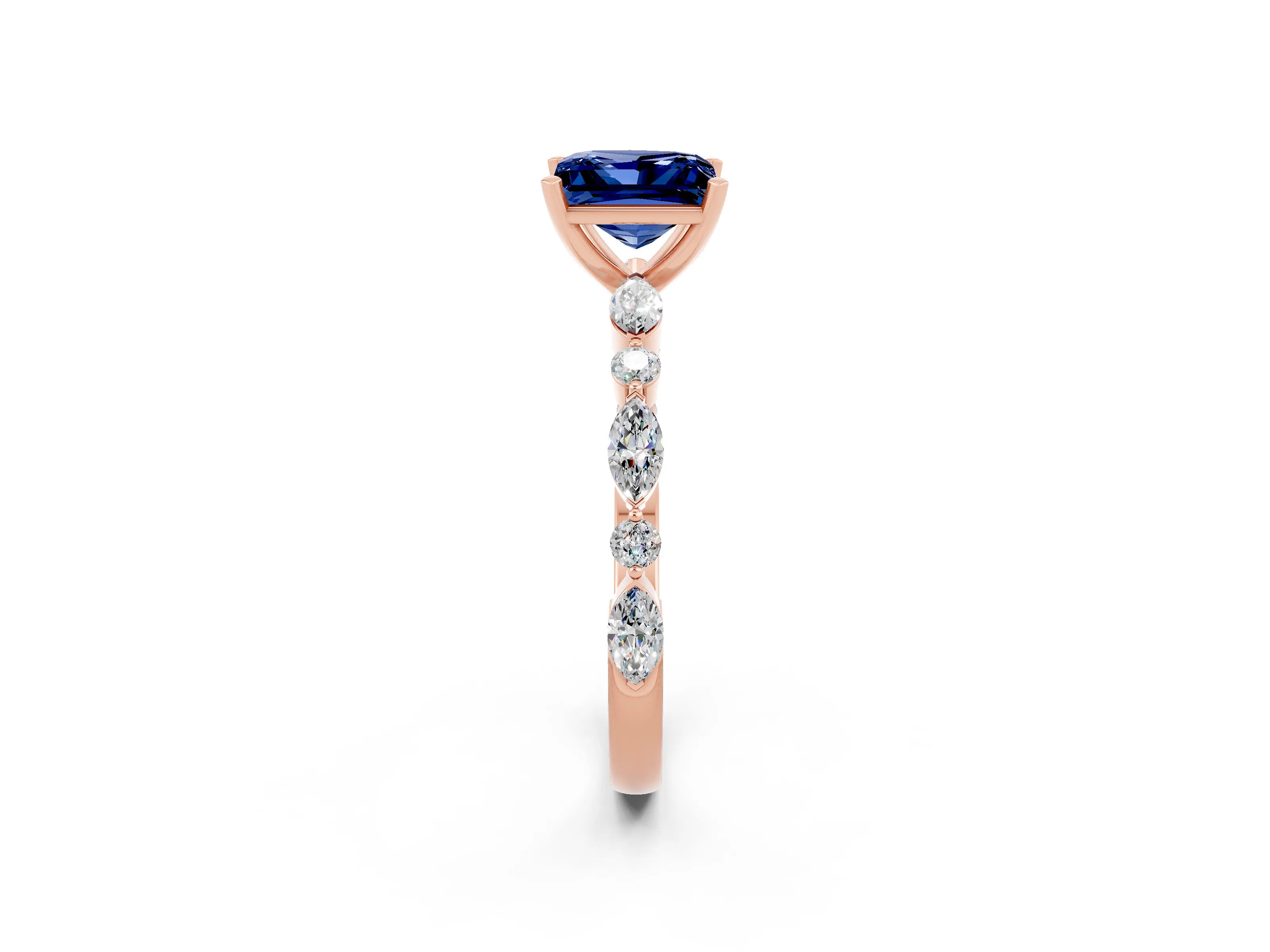 Rose gold Princess Cut Blue Sapphire Solitaire with Side Stones on a Pavé Band and Four-Prong Setting_2