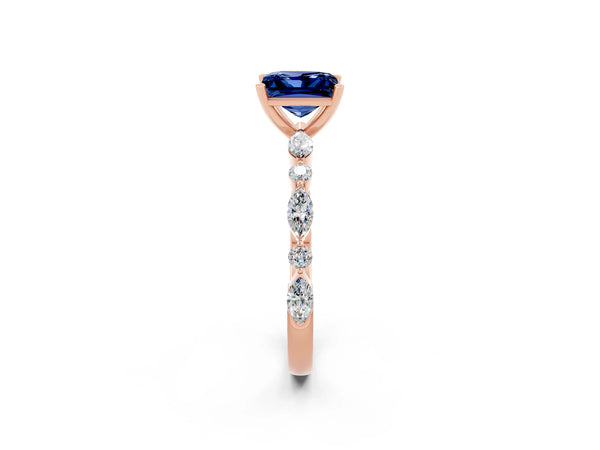 Rose gold Princess Cut Blue Sapphire Ring with Marquise and Round  Side Stones and Four-Prong Setting